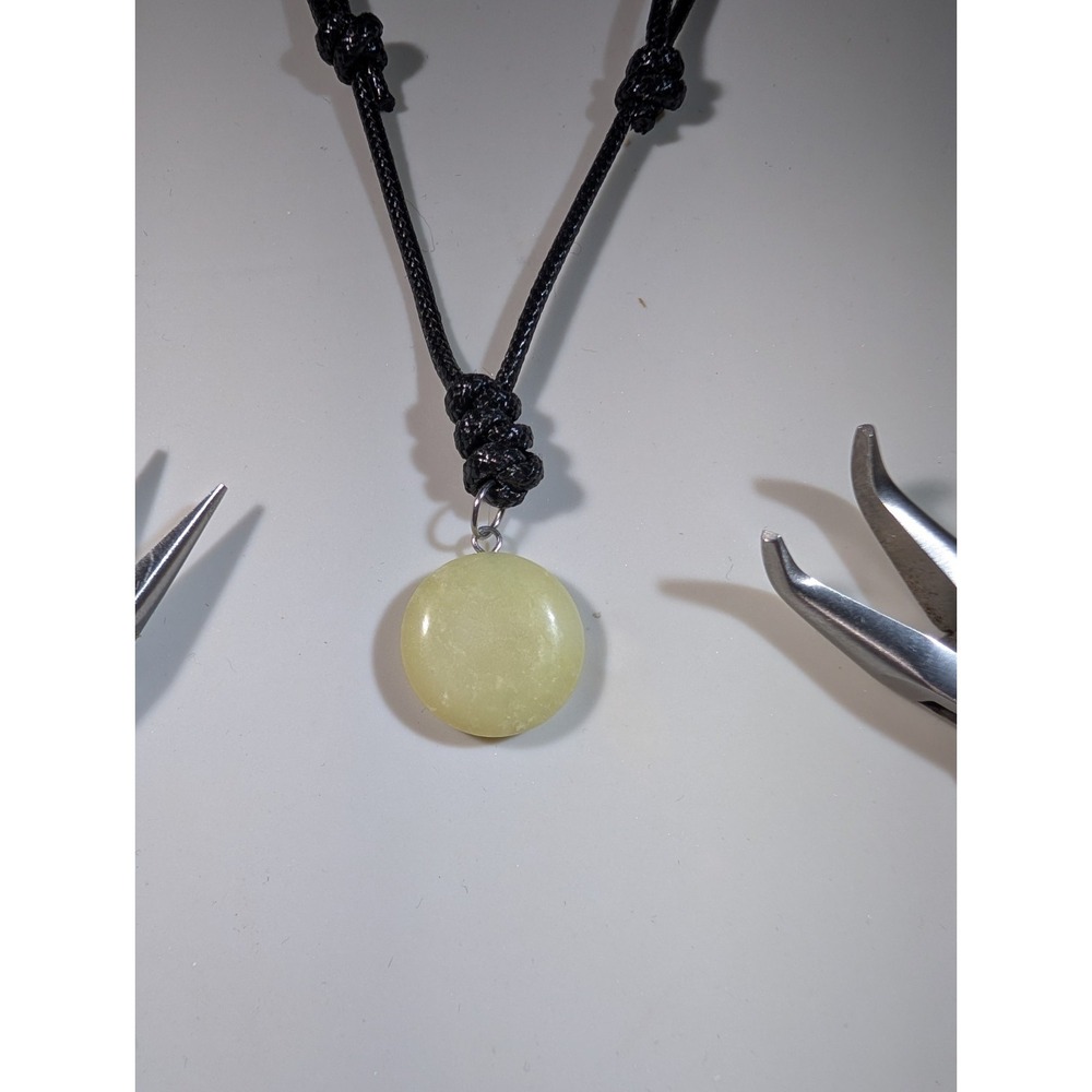 Adjustable Black Cord Necklace Light Green Round Stone Pendant Minimalist Unisex